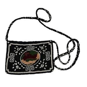 Vintage seed beaded cross body black boho neutral prairie handbag purse applique